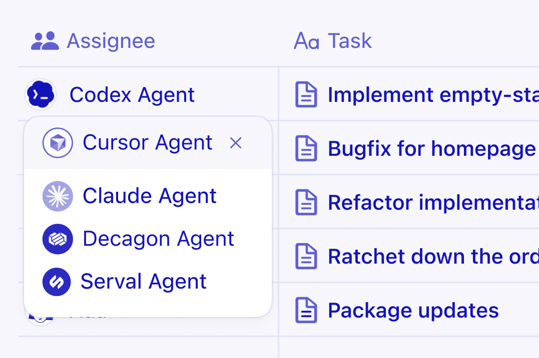 Database Notion dengan daftar tugas, dan satu tugas dialokasikan ke agent coding eksternal.