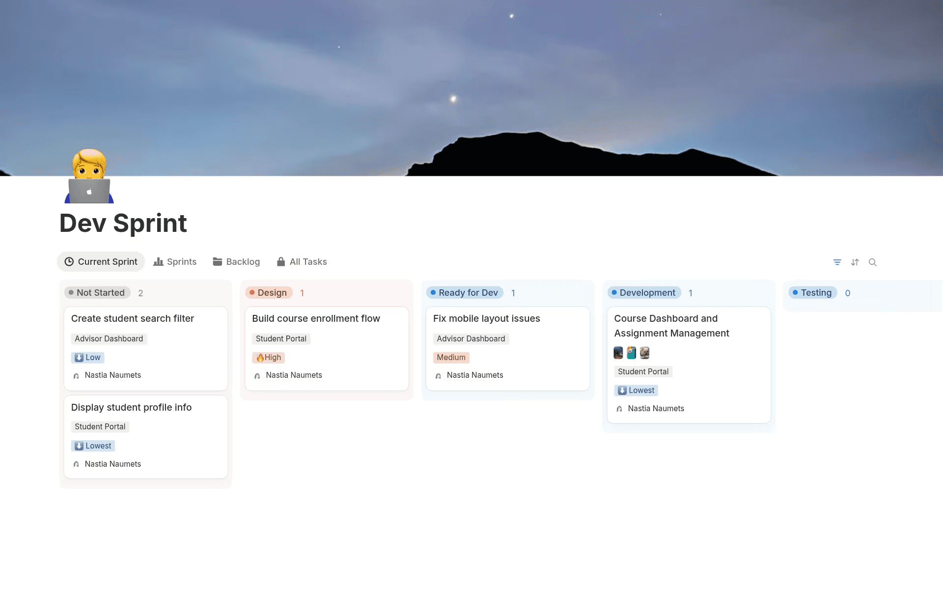 Notion’s dev sprint roadmap, showing tasks and their current status