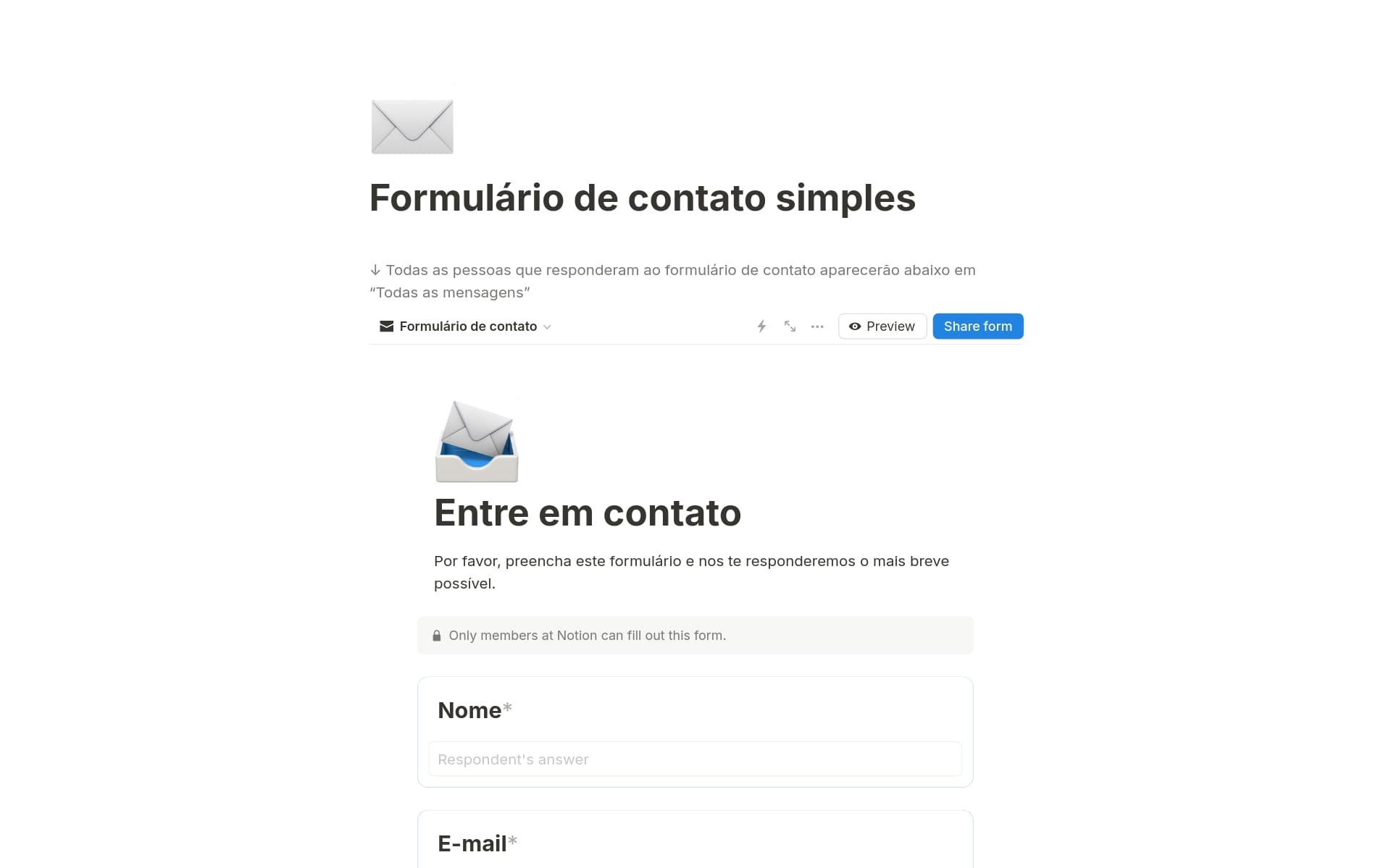 Uma prévia do modelo para Formulário de contato simples